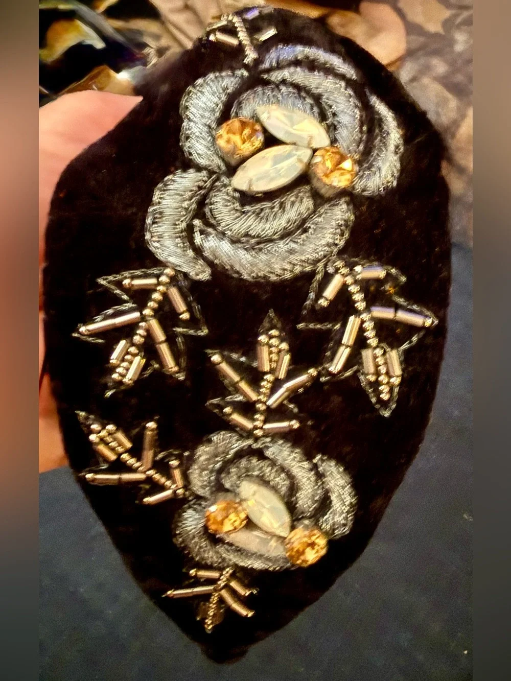 J Peterman Embellished Black Velvet Headband with Beaded Floral Accents